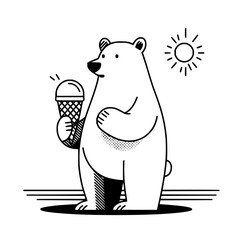 A cartoon polar bear stands holding an ice cream cone under the sun on a striped ground looking happy