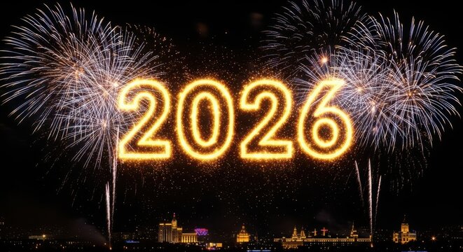 2026 new year's eve fireworks celebrate the upcoming year with festive lights.