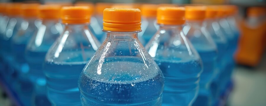 Rows of blue sports drinks with orange caps line a shelf. The clear plastic bottles show condensation. These packaged beverages are ready for sale in a store.