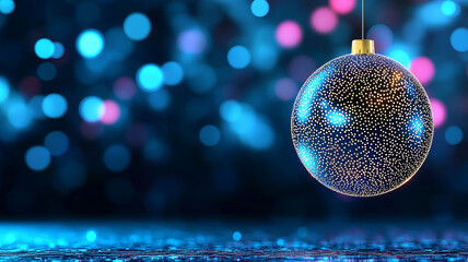Fototapeta premium Golden Christmas ornament on shimmering blue background with festive bokeh lights, elegant holiday decoration concept, luxury New Year celebration scene.