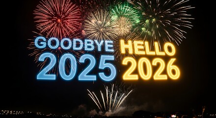 Bright fireworks illuminate the night sky, heralding the arrival of 2026 and bidding farewell to 2025 in a vibrant celebration of the new year