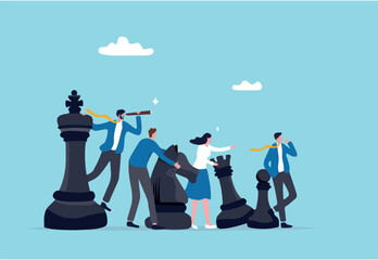 Strategy to win competition, teamwork help plan strategic idea to fight and achieve business victory, challenge concept, business people team players stand strong with king, knight chess pieces. 