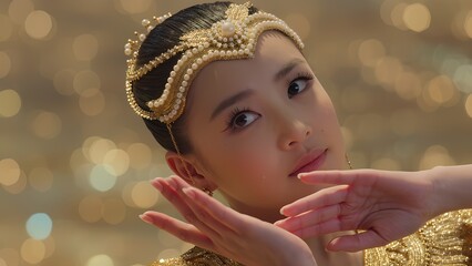 Traditional dancer with elegant expression in golden costume and pearl headpiece against festive bokeh background