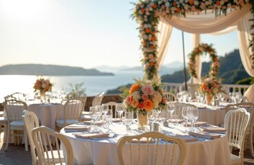 Obraz premium Elegant seaside wedding reception tables set for dinner, adorned with flowers. Scenic ocean backdrop with hazy mountains visible. White chairs await guests.