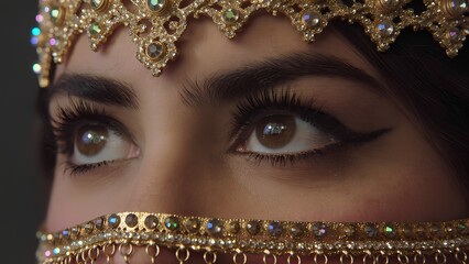 Close-up of woman's expressive eyes with ornate golden headpiece and veil jewelry against dark background