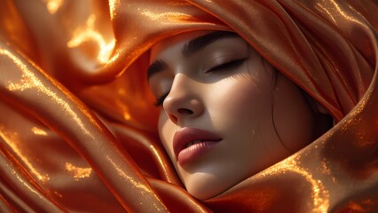 Peaceful woman with closed eyes wrapped in glowing orange silk fabric against soft background