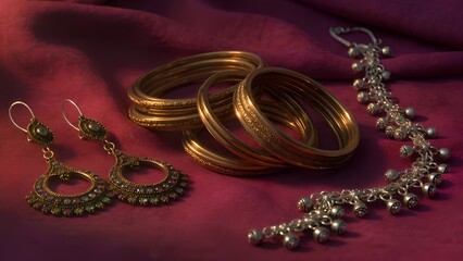 Traditional earrings, gold bangles and silver anklet on rich magenta fabric in warm decorative lighting