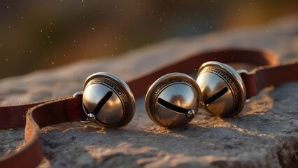 Vintage jingle bells on leather strap resting on stone surface in warm sunset light with dust particles