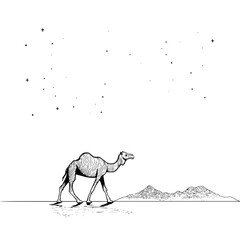 Camel walking across desert landscape under starry night sky in black and white illustration style image