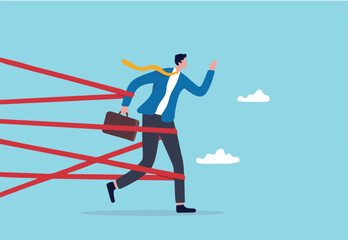 Business difficulty or struggle with career obstacle, limitation and trap or challenge to overcome to success concept, businessman tied up with red tape trying to run away with full effort.