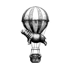 Illustration of a hippo riding in a striped hot air balloon with a woven basket in a vintage style drawing