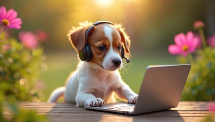 Cute puppy dog wears headset, types on laptop outdoors among pink flowers. Sunny day. Animal helps clients on call center. Remote work concept. Cute pet business.