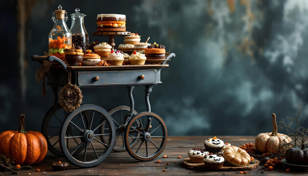 A realistic photo of a tiered cake stand with various Halloween cupcakes