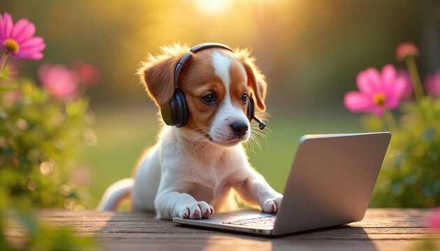 Cute puppy dog wears headset, types on laptop outdoors among pink flowers. Sunny day. Animal helps clients on call center. Remote work concept. Cute pet business.