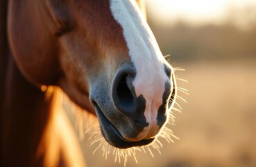 Brown horse muzzle snout close up with white blaze. Horse exhales warm breath in soft golden hour light. Animal nostrils flare gently, showcasing texture and detail.