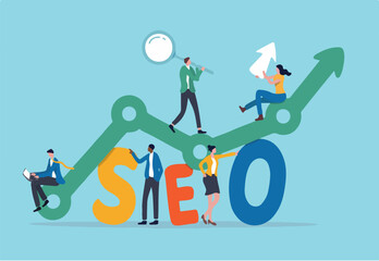 SEO, Search Engine Optimization for website to show in search result page concept, professional people holding magnifying glass, mouse pointer or using laptop sit on analytics graph on the word SEO