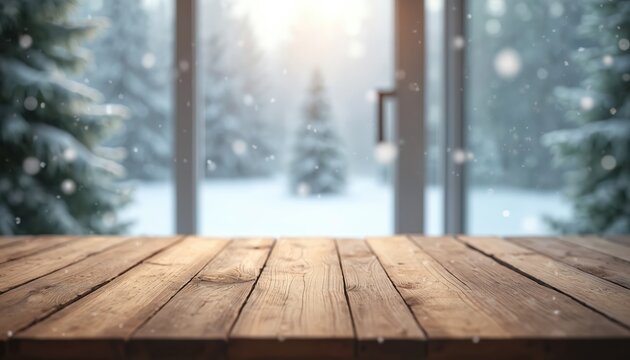 Empty wooden table in foreground, soft focus winter forest with falling snow outside window. Cozy indoor scene, great for product placement, food, or seasonal themes.