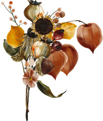 Autumn Floral Watercolor Bouquet. Hand painted illustration