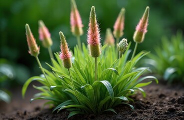 Fototapeta premium Plantago lanceolata plants thrive in garden. Ribwort plantain herbaceous flowers with pink inflorescence. Green leaves, flower spikes grow from ground. This photo captures botanical details of nature.