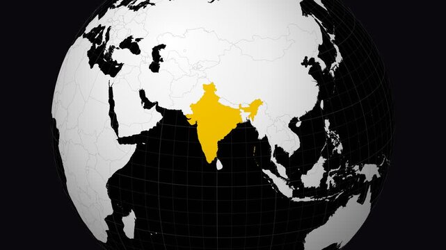 India map. Animated zoom into the country on the Globe in Black White color palette. Country logo animation. Map with meridians, parallels. Appealing video.