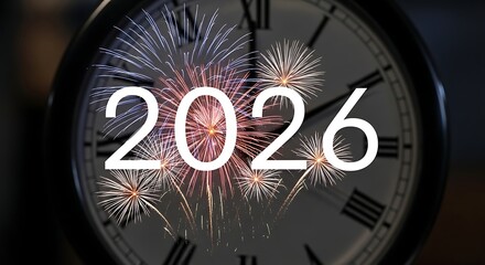 Anticipate the arrival of 2026 with a clock face and fireworks, marking the passage of time and the excitement of the upcoming year