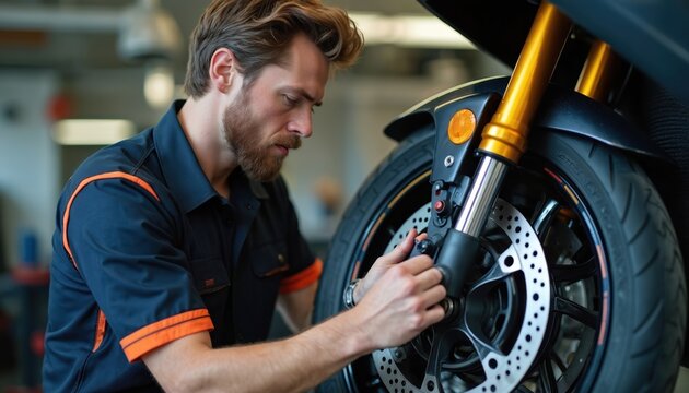 Young male mechanic fixes motorcycle front wheel brake in garage. Worker carefully inspects motorbike disc, caliper, performs vehicle service. Professional tech works on bike repair, maintenance in