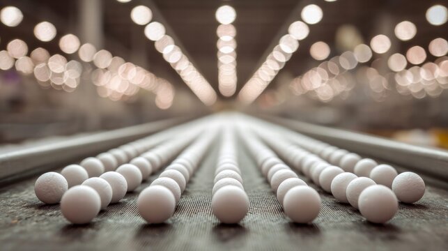 Eggs on a conveyor belt in a factory setting, leading to the light.