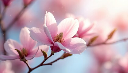 Obraz premium Pink magnolia tree branch in soft sunlight. Delicate petals bloom on a sunny spring day. Gentle floral background for beauty and nature themes.