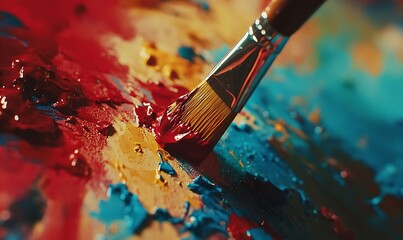 Obraz premium Closeup of Paintbrush on a Colorful Paint Palette