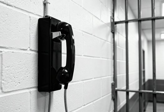 Black prison phone mounted on white brick wall with cell bars. Concept of confinement, communication and justice.