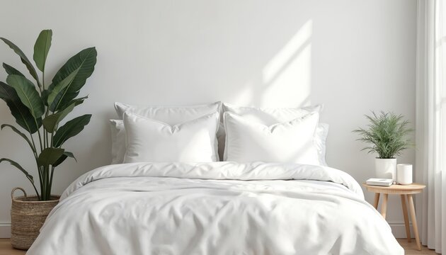 Clean white bed with two pillows neatly made. Large green plant in wicker basket beside bed. Small green plant on side table. Soft light casts shadows on wall. Peaceful bedroom.