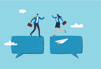 Communication or work discussion, sending message or telling new idea, brainstorming to gather information and solution concept, businessman and woman having conversation on chat speech bubble