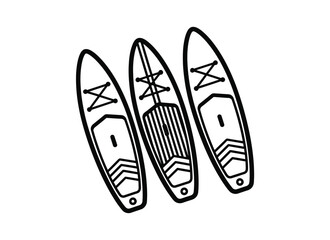 Three stylized paddleboards are depicted in a simple outline drawing on a white background.