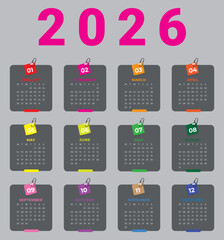 Planner 2026 in English language. Week start Monday, corporate design template. Calendar 2026 template, Set Desk Calendar 2026 design. Wall calendar, Set of 12 Months. Poster, printing
