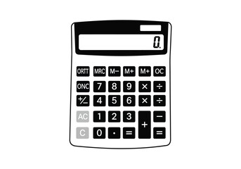 A black and white illustration of a simple desk calculator displaying the number zero on its screen.