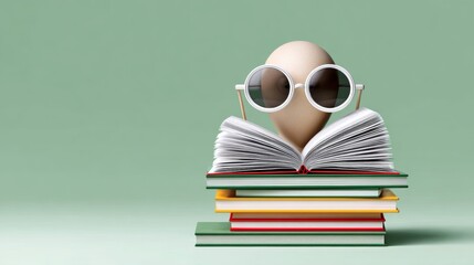 Creative 3D illustration of a stylized character wearing oversized glasses, sitting atop a stack of colorful books, symbolizing knowledge and learning in a playful and imaginative way