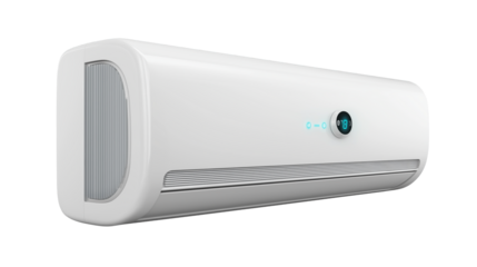 Sleek white air conditioner with modern vents and digital display, designed for powerful cooling, quiet operation, and energy-efficient performance on clean white background or transparent png 