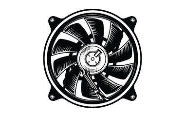 A black and white illustration of a computer cooling fan with nine blades and a central motor.