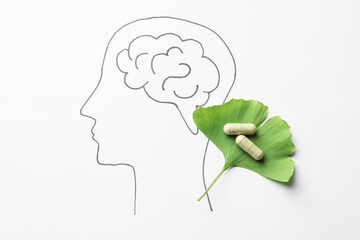 Drawing of human head with brain, ginkgo biloba leaf and pills on white background, top view. Alternative medicine