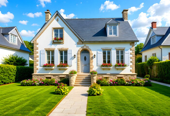 A typical beautiful A village home with a garden and flowers