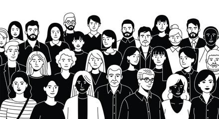 A diverse crowd of stylized people are illustrated in black and white, representing a community.
