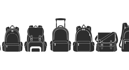 A collection of diverse backpacks and luggage are displayed in a clean, graphic illustration against a white background.