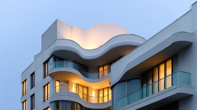Modern architectural building with unique wavy design featuring illuminated balconies and large windows, showcasing contemporary urban living and innovative design elements in a serene evening setting