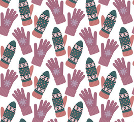Winter pattern of gloves with snowflakes and knitted mittens. Seamless background with feminine warm accessories