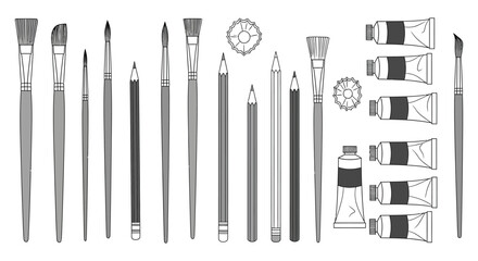 A collection of art supplies, including paintbrushes, pencils, and tubes of paint, are neatly arranged.