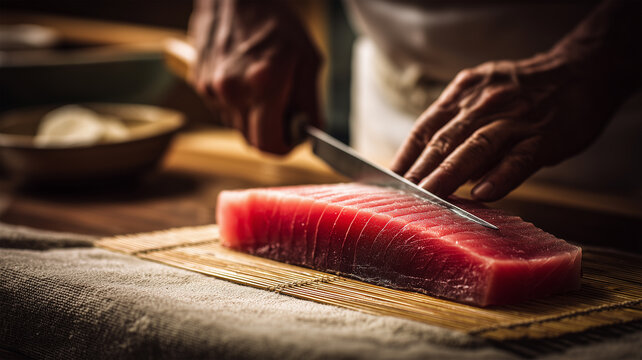 職人が包丁で切るマグロ刺身
