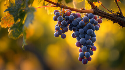 枝が夕陽に照らされながら涼風で揺れるぶどう房