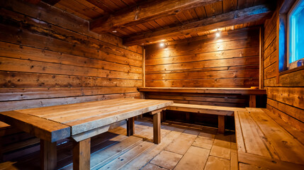 An interior space with wooden walls and flooring featuring a large wooden table and benches