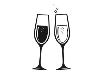 Two champagne flutes clinking together in celebration, with bubbles rising in both glasses.