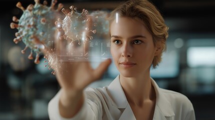 Close-up of scientist interacting with holographic virus structures through augmented reality interface, showing deep focus and emotional intensity, symbolizing futuristic biomedical research and